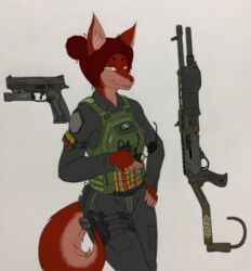  absurd_res anthro canid canine ear_piercing female fox frankie_jay_dimaggio gun hair handgun hi_res male mammal mercenary military piercing ranged_weapon shotgun soldier solo spas-12 warrior weapon zhs zzinhimsum 