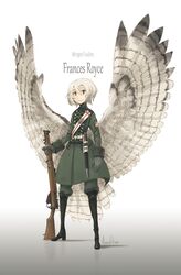  artist_name asterisk_kome bird_wings black_footwear bolt_action boots character_name coat copyright_name emblem female frances_royce full_body gloves gradient_background grey_background grey_coat grey_gloves grey_hair grey_pants grey_wings gun highres holding holding_gun holding_weapon knee_boots knife lee-enfield long_sleeves low_wings military military_uniform pants rifle sash short_hair signature solo spread_wings standing uniform weapon white_background winged_fusiliers wings yellow_eyes 