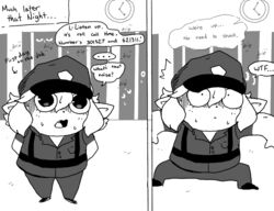  abby_(khrunkisillegal) chibi clothing dialogue english_text female gremlin humanoid khrunkisillegal monochrome police police_uniform prison prison_bars shocked short_stack simple_background solo speech_bubble text time_skip uniform 