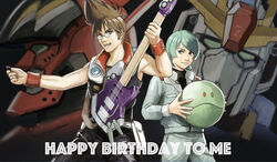  2boys blue_eyes blue_hair brown_eyes brown_hair crossover electric_guitar fire_valkyrie green_eyes guitar gundam happy_birthday haro holding holding_instrument instrument kamille_bidan looking_at_viewer macross macross_7 male_focus mecha multiple_boys nekki_basara nekkikamille open_mouth red_eyes robot science_fiction v-fin zeta_gundam zeta_gundam_(mobile_suit) 