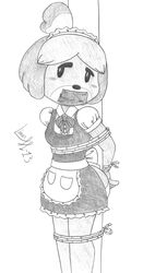  2013 animal_crossing anthro arms_tied artist_name biped bondage bondage bound bound_and_gagged canid canine canis clothed clothing domestic_dog door female gag gagged graphite_(artwork) greyscale hands_behind_back hi_res isabelle_(animal_crossing) legs_tied limpurtikles maid_apron maid_headdress maid_uniform mammal monochrome nintendo partially_clothed pencil_(artwork) restraints rope rope_bondage shih_tzu signature solo sound_effects tape tape_gag tied_to_pole toy_dog traditional_media_(artwork) uniform 