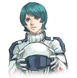  1boy blue_eyes blue_hair gundam helmet holding holding_helmet kamille_bidan looking_up male_focus medium_hair nekkikamille open_mouth pilot_suit realistic science_fiction solo white_background zeta_gundam 