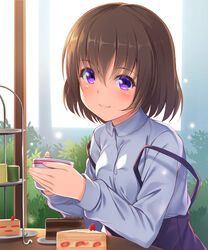  alternative_girls asahina_nono backlighting blush brown_hair cake cake_slice closed_mouth commentary_request cup female food grey_shirt highres holding holding_cup kageira long_sleeves looking_at_viewer purple_eyes purple_skirt shirt short_hair skirt smile solo suspender_skirt suspenders suspenders_slip tareme teacup tiered_tray upper_body 