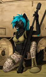  3:5 anthro army black_body black_fur black_nose black_tail boots camo camo_print canid canine clothed clothing combat_boots desert dog_tags ear_piercing ear_ring facial_piercing female footwear fur furgonomics furry-specific_piercing grey_body grey_fur gun hair hi_res lip_piercing lip_ring looking_at_viewer mammal military military_gear military_uniform muzzle_piercing navel navel_piercing nipple_outline nose_piercing nose_ring nostril_ring piercing ranged_weapon rifle ring_piercing smile smiling_at_viewer sniper sniper_rifle solo tail tales_foxdale tank teal_eyes teal_hair underwear uniform vehicle weapon 