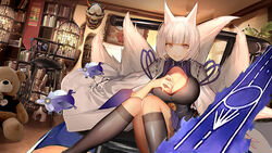  adapted_costume animal_ears azur_lane blue_eyes blunt_bangs breasts eyeliner eyeshadow female fox_ears fox_girl fox_tail gudadan japanese_clothes kaga_(azur_lane) kimono makeup multiple_tails photoshop_(medium) rigging short_hair solo tail white_hair white_kimono 