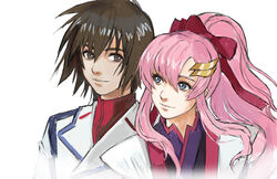  1boy absurdres blue_eyes brown_eyes brown_hair female gundam gundam_seed hair_ornament highres kira_yamato lacus_clyne looking_to_the_side nekkikamille photoshop_(medium) pink_hair ponytail simple_background tied_hair uniform white_background 