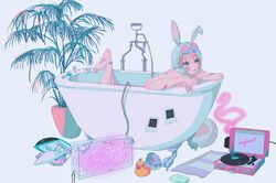  animal_ears aqua_nails ball bandaid bandaid_on_arm bandaid_on_foot barefoot bathing bathtub beachball bird brush claw_foot_bathtub commentary_request eyewear_on_head female flamingo grey_background highres najuco_(naju0517) neon_lights original phonograph plant potted_plant rabbit_ears record rubber_duck shower_cap simple_background soap solo sunglasses wash_cloth 