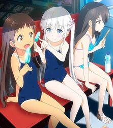  3girls adachi_tenka aqua_bikini barefoot bikini black_hair blonde_hair blue_eyes blue_one-piece_swimsuit bottle brown_eyes brown_hair commentary_request competition_school_swimsuit cropped flat_chest food komako_semenovich long_hair multiple_girls one-piece_swimsuit polka_dot polka_dot_bikini popsicle popsicle_stick sayama_chie school_swimsuit shoujo_ramune sitting swimsuit tabuchi_(tabuchisanchi) tan tanlines toeless_footwear twintails 