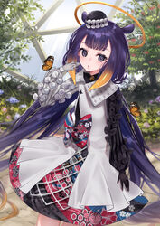  animal_ears asa_no_ha_(pattern) asymmetrical_gloves asymmetrical_sleeves black_gloves blunt_bangs blush bow bug butterfly butterfly_on_hand commentary cowboy_shot dress eyelashes female flat_chest floral_print gloves gradient_hair halo hand_to_own_mouth hat heart heart_print hibi_(hibi_1516) hololive hololive_english long_hair long_sleeves looking_at_viewer low_twintails mesh mini_hat mismatched_gloves mismatched_sleeves mole mole_under_eye multicolored_clothes multicolored_hair multicolored_skirt ninomae_ina&#039;nis ninomae_ina&#039;nis_(party_dress) official_alternate_costume official_alternate_hairstyle open_mouth orange_hair plant purple_eyes purple_hair sidelocks signature skirt small_hands solo standing striped striped_sleeves temari_print tentacle_hair tilted_headwear twintails twitter_username two-tone_hair vertical_stripes very_long_hair virtual_youtuber white_dress white_gloves 