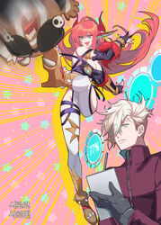  1boy black_shirt chaos_(dungeon_and_fighter) character_request clipboard dungeon_and_fighter fangs female gunner_(dungeon_and_fighter) heterochromia kasy kicking knight_(dungeon_and_fighter) korean_commentary long_hair open_mouth pink_hair screaming shirt smile spikes thighhighs writing 