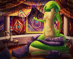  2019 absurd_res anthro apode arabian big_breasts breasts digital_media_(artwork) draconcopode female hi_res hookah inside jewelry legless looking_at_viewer naahva naga non-mammal_breasts nude oriental pillow reptile rug scalie serpentine snake solo standing waterpipe 