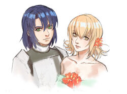  1boy athrun_zala blonde_hair blue_hair cagalli_yula_athha dress female flower green_dress green_eyes gundam gundam_seed hair_flower hair_ornament looking_to_the_side nekkikamille realistic white_background yellow_eyes 