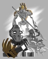  absurd_res ambiguous_gender armor arthropod bionicle biped claws crab crustacean decapoda digital_drawing_(artwork) digital_media_(artwork) feral fingers gold_body grey_background grey_body group hi_res holding_object holding_weapon humanoid jaller jeetdoh lego lego_brick machine malacostracan marine mask matoran melee_weapon monochrome mouthless pewku polearm rahi robot robot_humanoid short signature simple_background spear standing takanuva takua toa weapon 