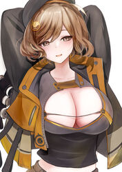  462vvv absurdres anis_(nikke) arms_behind_head black_gloves black_shorts breasts brown_eyes brown_hair brown_hat cleavage collarbone female gloves goddess_of_victory:_nikke hair_ornament hand_up hat highres large_breasts open_mouth shorts simple_background solo white_background 