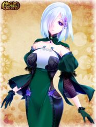  bob_cut breasts copyright_name dress female gloves green_dress green_gloves hair_ornament hair_over_one_eye large_breasts looking_at_viewer magia_steam mi3m purple_eyes short_hair simple_background solo standing watermark white_hair yellow_background 