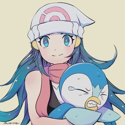  bare_arms beanie blue_eyes blush clenched_teeth closed_mouth commentary_request dawn_(pokemon) eyelashes female grey_headwear hair_ornament hairclip hat holding holding_pokemon long_hair piplup pokemon pokemon_(creature) pokemon_bdsp rousteinire scarf shirt sidelocks signature sleeveless sleeveless_shirt smile split_mouth sweat tearing_up teeth upper_body yellow_background 