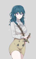  akina_(akn_646) blue_eyes blue_hair byleth_(fire_emblem) byleth_(fire_emblem)_(female) closed_mouth female fire_emblem fire_emblem:_three_houses garreg_mach_monastery_uniform grey_background holding holding_sword holding_weapon long_sleeves sheath sheathed simple_background solo sword uniform weapon 