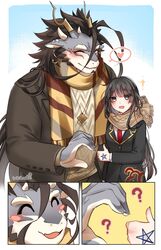  anthro black_hair blush claws dragon duo female female_protagonist_(tas) friend_zoned fuxi_(tas) grey_body grey_scales hair hi_res horn human humor lifewonders male mammal mythological_creature mythological_scalie mythology protagonist_(tas) scales scalie scar tokyo_afterschool_summoners whiteniar 