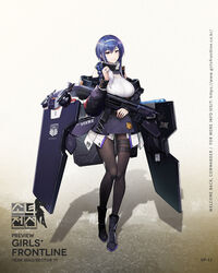  badge baggy_clothes black_footwear black_legwear blue_hair boots braid breasts character_name dp-12_(girls_frontline) female full_body girls_frontline grey_eyes gun hair_over_shoulder hairband highres holding jacket large_breasts multicolored_hair official_art pandea_work pantyhose playing_with_own_hair pump_action purple_jacket purple_skirt shield shotgun single_braid skirt sleeveless smile solo standard_manufacturing_dp-12 standing thigh_strap turtleneck watermark weapon white_hair white_hairband 