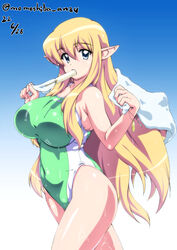  blonde_hair blue_eyes breasts competition_swimsuit covered_navel cowboy_shot elf female food food_in_mouth green_one-piece_swimsuit hair_between_eyes highleg highleg_swimsuit highres holding holding_food holding_towel huge_breasts long_hair mouth_hold multicolored_clothes multicolored_swimsuit nafta one-piece_swimsuit pointy_ears popsicle popsicle_in_mouth sidelocks solo standing swimsuit tiffania_westwood towel two-tone_swimsuit very_long_hair wet white_one-piece_swimsuit zero_no_tsukaima 