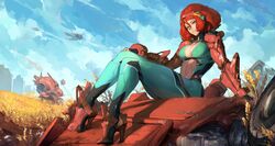  absurdres bodysuit braid breasts cleavage covered_nipples cutesexyrobutts darla_(em8er) em8er female field green_eyes high_heels highres large_breasts light_smile mecha navel outdoors paid_reward patreon_reward red_hair robot sitting solo source_request thick_thighs thighs wheat 