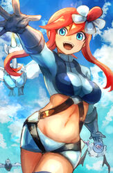  :d belt blue_belt blue_eyes blue_gloves blue_jacket blue_shorts blue_sky breasts cloud commentary_request cowboy_shot crop_top cropped_jacket day elbow_gloves eyebrows_hidden_by_hair female gloves groin hair_between_eyes hair_ornament hatano_kiyoshi jacket large_breasts long_sleeves looking_at_viewer midriff navel one_side_up open_mouth outstretched_arm pilot_suit pokemon pokemon_(creature) pokemon_bw pouch red_hair science_fiction short_shorts shorts sidelocks sky skyla_(pokemon) smile solo_focus standing swanna swoobat teeth thigh_pouch unfezant unfezant_(female) upper_teeth_only 