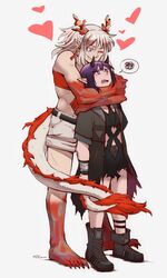  2girls arknights arm_tattoo bandeau black_footwear black_jacket black_shirt boots colored_skin commentary demon_girl demon_horns dlanon dragon_girl dragon_horns dragon_tail earrings english_commentary foot_tattoo full_body fur-tipped_tail heart height_difference horns hug hug_from_behind jacket jewelry lava_(arknights) lava_the_purgatory_(arknights) long_hair multicolored_hair multiple_girls muscular muscular_female nian_(arknights) oerba_yun_fang one_eye_closed open_clothes open_jacket open_mouth pointy_ears purple_eyes purple_hair red_bandeau red_hair red_skin shirt short_sleeves shorts simple_background spoken_squiggle squiggle standing streaked_hair tail tail_around_another&#039;s_leg tail_wrap tassel tassel_earrings tattoo twitter_username white_background white_hair white_shorts yuri 