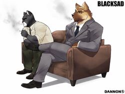  2021 anthro blacksad canid canine canis chief_smirnov clothing dannon-5 digital_media_(artwork) domestic_dog duo felid feline fur furniture german_shepherd herding_dog hi_res john_blacksad male male/male mammal pastoral_dog shirt signature smoke smoking sofa topwear 