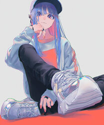  absurdres black_pants blue_hair bracelet commentary_request ear_piercing female grey_background hat highres iridescent jewelry long_hair long_sleeves looking_at_viewer orange_eyes original pants piercing pink_nails purple_hair ring ritao_kamo shadow shoes smile sneakers solo 