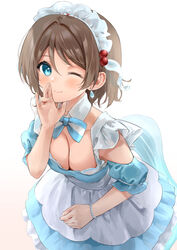  adapted_costume apron blue_bow blue_bowtie blue_dress blue_eyes bow bowtie bracelet breasts brown_hair cleavage closed_mouth commentary detached_collar detached_sleeves dress earrings female hair_between_eyes hand_to_own_mouth hand_up hinami_riku jewelry koi_ni_naritai_aquarium large_breasts love_live! love_live!_sunshine!! maid maid_apron maid_headdress one_eye_closed short_hair short_sleeves shouting smile solo watanabe_you white_background 