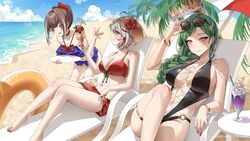  3girls absurdres bare_arms bare_shoulders beach bikini black_one-piece_swimsuit blue_bikini blush bracelet breasts brown_hair casual_one-piece_swimsuit cleavage closed_eyes closed_mouth destiny_(takt_op.) erlking_(takt_op.) eyewear_on_head green_hair grey_hair hair_ornament halo highres jewelry l&#039;arlesienne_(takt_op.) large_breasts long_hair looking_at_viewer multicolored_hair multiple_girls navel ocean official_art one-piece_swimsuit open_mouth outdoors palm_tree red_bikini sitting smile streaked_hair sunglasses swimsuit tacco_(tikeworld) takt_op. thighs tree water 