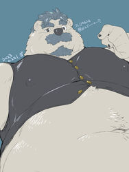  1boy abs aegis_(crave_saga) bara bear_boy belly covered_nipples crave_saga cropped_jacket facial_hair fat fat_man foreshortening from_below furry furry_male goatee large_pectorals looking_at_viewer maguma_taishi_(magumani) male_focus mature_male moustache muscular muscular_male navel navel_hair nipples pectorals pointing pointing_at_self short_hair sideburns solo stomach thick_eyebrows translation_request white_fur 