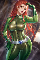  blue_gemstone blurry blurry_background bodysuit breasts commentary cowboy_shot english_commentary female gem green_bodysuit green_eyes heart_belt highres long_hair neoartcore paid_reward_available patreon_username red_hair sam_(totally_spies) solo tongue tongue_out totally_spies whoop_catsuit 