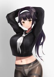  arms_behind_head azur_lane black_hair black_shirt commentary_request crop_top crop_top_overhang expressionless female long_hair looking_at_viewer mikoto_paint navel neckerchief no_pants official_alternate_costume panties panties_under_pantyhose pantyhose sailor_collar school_uniform shirt solo takao_(azur_lane) takao_(school_romanza)_(azur_lane) thighband_pantyhose underwear very_long_hair white_neckerchief white_panties yellow_eyes 