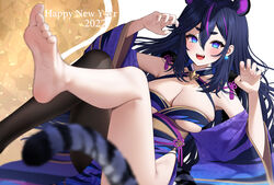  2022 :d animal_ears bangs bare_legs bare_shoulders barefoot black_hair black_legwear blue_eyes blurry blurry_foreground blush breasts chinese_zodiac claw_pose cleavage colored_tips depth_of_field dutch_angle earrings eyebrows_visible_through_hair fangs feet female foot_focus foot_out_of_frame foreshortening hair_between_eyes happy_new_year highres indie_virtual_youtuber japanese_clothes jewelry kimono kohanayuki large_breasts long_hair long_sleeves looking_at_viewer lying multicolored_hair obi open_mouth original pelvic_curtain purple_hair purple_kimono sash short_eyebrows side_slit sidelocks single_leg_pantyhose smile smle soles solo tail thick_eyebrows tiger_ears tiger_stripes tiger_tail toes twitter_username underboob very_long_hair virtual_youtuber watermark wide_sleeves year_of_the_tiger 