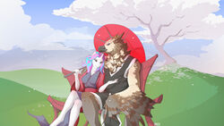  absurd_res anthro asian_clothing avian bench cherry_blossom cherry_tree clothing cloud diamond_mind duo east_asian_clothing equid equine feather_hands feathered_wings feathers female flower fluffy fruit_tree gryphon hi_res hill horn japanese_clothing kimono leaning_on male male/female mammal mythological_avian mythological_creature mythological_equine mythology okata parasol plant prunus_(flower) romantic romantic_couple sitting sitting_together tree unguligrade_anthro unicorn wings 