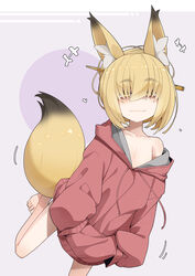  +++ animal_ear_fluff animal_ears barefoot blonde_hair collarbone drawstring fangs fangs_out feet_out_of_frame female fox_ears fox_girl fox_tail hair_ornament hair_over_eyes hair_stick heart highres hood hoodie nabari_(ogami_kazuki) off_shoulder ogami_kazuki original pink_hoodie solo tail thick_eyebrows yellow_eyes 