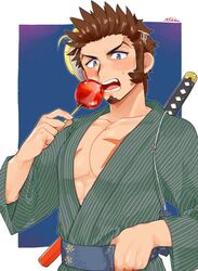  1boy alternate_costume bad_id bad_twitter_id blue_eyes blush brown_hair candy_apple commentary_request cross_scar eating facial_hair fate/grand_order fate_(series) food goatee green_kimono japanese_clothes kimono long_sideburns looking_at_viewer male_focus mask napoleon_bonaparte_(fate) partially_unbuttoned pectoral_cleavage pectorals scar scar_on_chest shitappa short_hair sideburns solo sword sword_behind_back toned toned_male unworn_mask weapon 