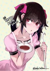  absurdres apron black_hair blush breasts female funkysatou highres holding holding_ladle ladle long_hair looking_at_viewer parted_lips plate puffy_sleeves purple_eyes senki_zesshou_symphogear small_breasts solo tasting_plate tsukuyomi_shirabe twintails 