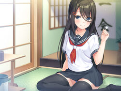  black_hair blush long_hair original panties school_uniform skirt super_nagoyaka thighhighs underwear zettai_ryouiki 