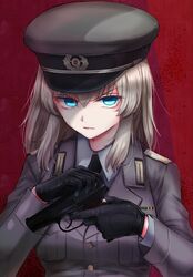  alternate_costume black_gloves black_necktie blue_eyes closed_mouth commentary dress_shirt east_german emilio_(tetsukazu_no_ao) epaulettes female frown girls_und_panzer glaring gloves grey_hair grey_hat grey_jacket grey_shirt gun handgun hat highres holding holding_gun holding_weapon itsumi_erika jacket long_sleeves looking_at_viewer makarov_pm medium_hair military military_hat military_uniform nationale_volksarmee necktie peaked_cap red_background shirt solo uniform upper_body weapon wing_collar 