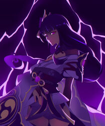  armor braid breasts bridal_gauntlets closed_mouth commentary dark english_commentary female flower genshin_impact hair_ornament japanese_clothes karckade kimono lightning long_hair long_sleeves looking_at_viewer mitsudomoe_(shape) obi obiage obijime purple_background purple_eyes purple_flower purple_hair raiden_shogun ribbon sash shoulder_armor simple_background solo tassel tomoe_(symbol) wide_sleeves 