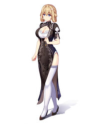  absurdres alternate_costume black_dress black_footwear blonde_hair breasts china_dress chinese_clothes cleavage_cutout clothing_cutout commentary_request dress female folded_fan folding_fan full_body hand_fan high_heels highres holding holding_fan large_breasts pelvic_curtain purple_eyes shropshire_(steelblue_mirage) side_slit sleeveless sleeveless_dress smile solo steelblue_mirage thighhighs warship_girls_r white_background white_thighhighs xiao_qi 