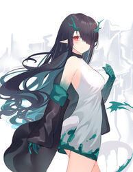  arknights arm_tattoo beijiushui black_hair black_jacket breasts colored_inner_hair colored_skin cowboy_shot dragon_horns dragon_tail dusk_(arknights) female flame-tipped_tail from_side green_hair green_skin hair_over_one_eye highres horns jacket long_hair looking_at_viewer multicolored_hair no_earrings off_shoulder open_clothes open_jacket pointy_ears red_eyes simple_background small_breasts solo tail tattoo thighs very_long_hair white_background 