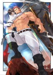  2boys abs bara belt black_footwear blue_eyes boots brown_belt brown_hair bulge cannon carrying chaldea_uniform commentary facial_hair fate/grand_order fate_(series) from_below fujimaru_ritsuka_(male) full_body goatee highres holding holding_weapon huge_weapon knee_boots large_pectorals long_sideburns looking_at_viewer male_focus mature_male multiple_boys muscular muscular_male napoleon_bonaparte_(fate) navel nipples no_scar o_o one_eye_closed pants pectorals raised_eyebrow short_hair sideburns smirk smug stomach thick_thighs thighs tight_clothes tight_pants tofu_(tofulabo) topless_male weapon white_pants 