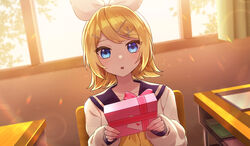  backlighting black_sailor_collar blonde_hair blue_eyes box chair commentary curtains desk envelope female gift gift_box hair_ornament hair_ribbon hairclip hands_up heart highres holding holding_gift incoming_gift indoors kagamine_rin long_sleeves looking_at_viewer love_letter oerba_yun_fang on_chair parted_lips puffy_long_sleeves puffy_sleeves ribbon sailor_collar school_chair school_desk school_uniform shirt sleeves_past_wrists solo soramame_pikuto sunlight upper_body vocaloid white_ribbon white_shirt window x_hair_ornament 