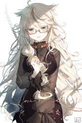  animal_ears artist_name bondage braid chains cloud collar commentary_request female flower glasses goth_fashion highres holding holding_own_hair long_hair looking_at_viewer oomori_(kswmr) open_mouth original signature simple_background solo white_background 