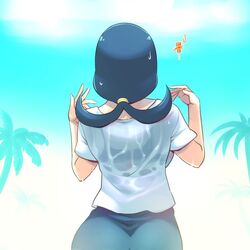  ass blue_hair blue_sky bra breasts commentary ero_kaeru female lana&#039;s_mother_(pokemon) long_hair mature_female outdoors palm_tree pokemon pokemon_(anime) pokemon_sm_(anime) shirt short_hair short_sleeves sky solo tree underwear wet wet_clothes wet_shirt 