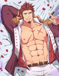  1boy abs bara bare_pectorals belt blue_eyes brown_belt brown_hair bulge cigar cross_scar epaulettes facial_hair fate/grand_order fate_(series) fringe_trim goatee hideki_(maximus9873) highres jacket large_pectorals long_sideburns looking_at_viewer lying male_focus mature_male military military_uniform muscular muscular_male napoleon_bonaparte_(fate) navel nipples on_back on_bed open_clothes open_jacket open_shirt pants pectorals petals scar scar_on_chest short_hair sideburns smile solo stomach uniform white_pants 