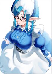  apron bad_id bad_twitter_id blue_hair blue_horns breasts collared_dress dragon_girl dragon_horns dress feet_out_of_frame female frilled_apron frills glasses hat highres horns large_breasts long_sleeves maid maid_headdress melusine_(housamo) mob_cap pink_eyes pointy_ears puffy_long_sleeves puffy_sleeves short_hair simple_background smile solo tokyo_afterschool_summoners white_background zeroru1111 